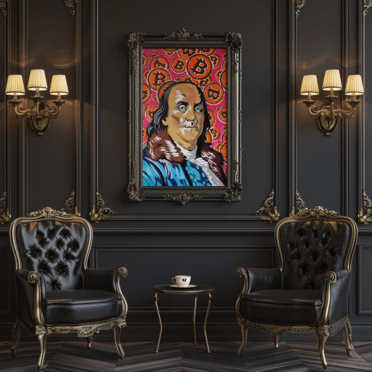 A room with a painting of a man on a wall