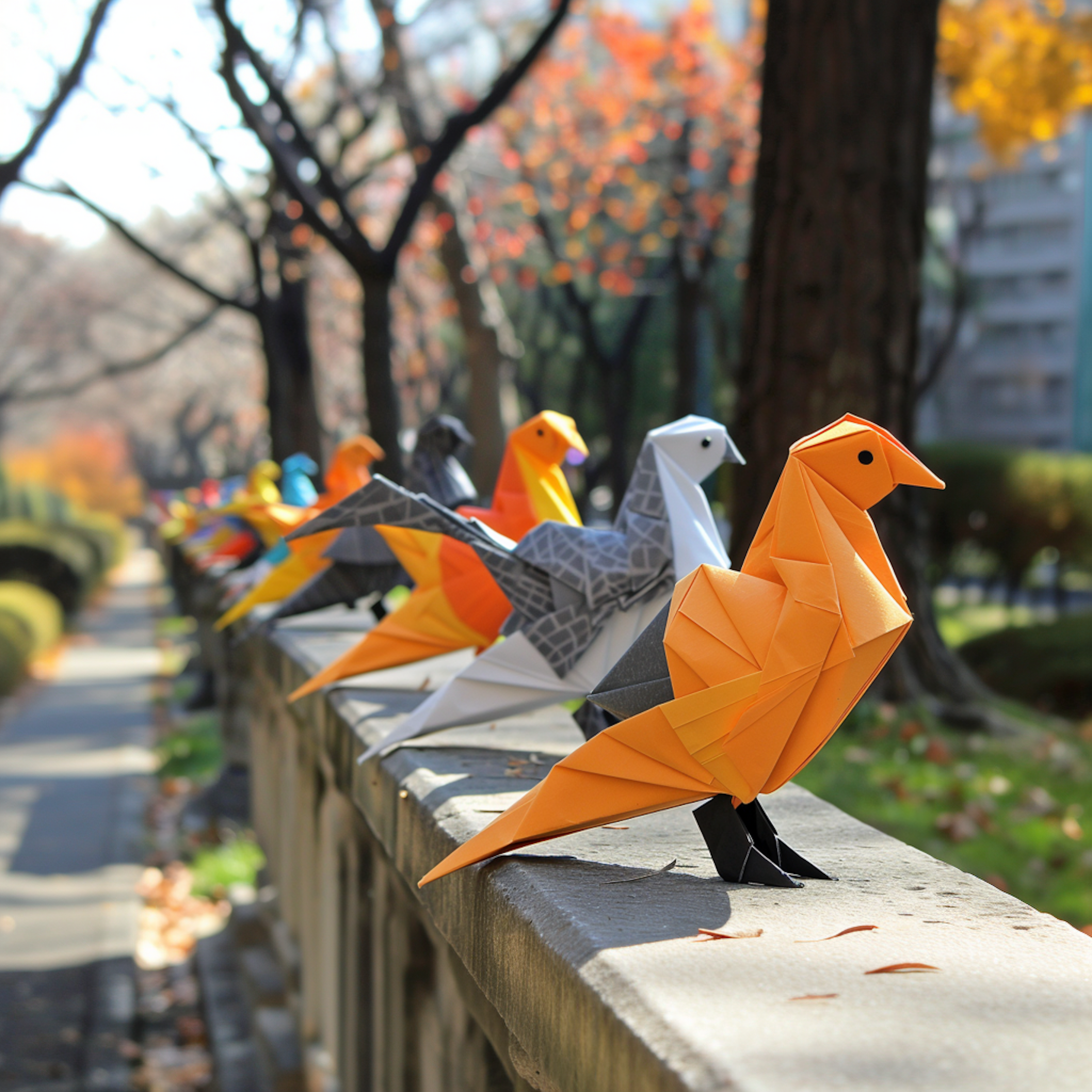 A row of origami birds on a ledge